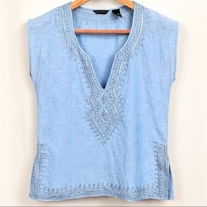 New York & Co Linen Top Embroidered Sleeveless V-neck Tunic Blouse Boho Blue S